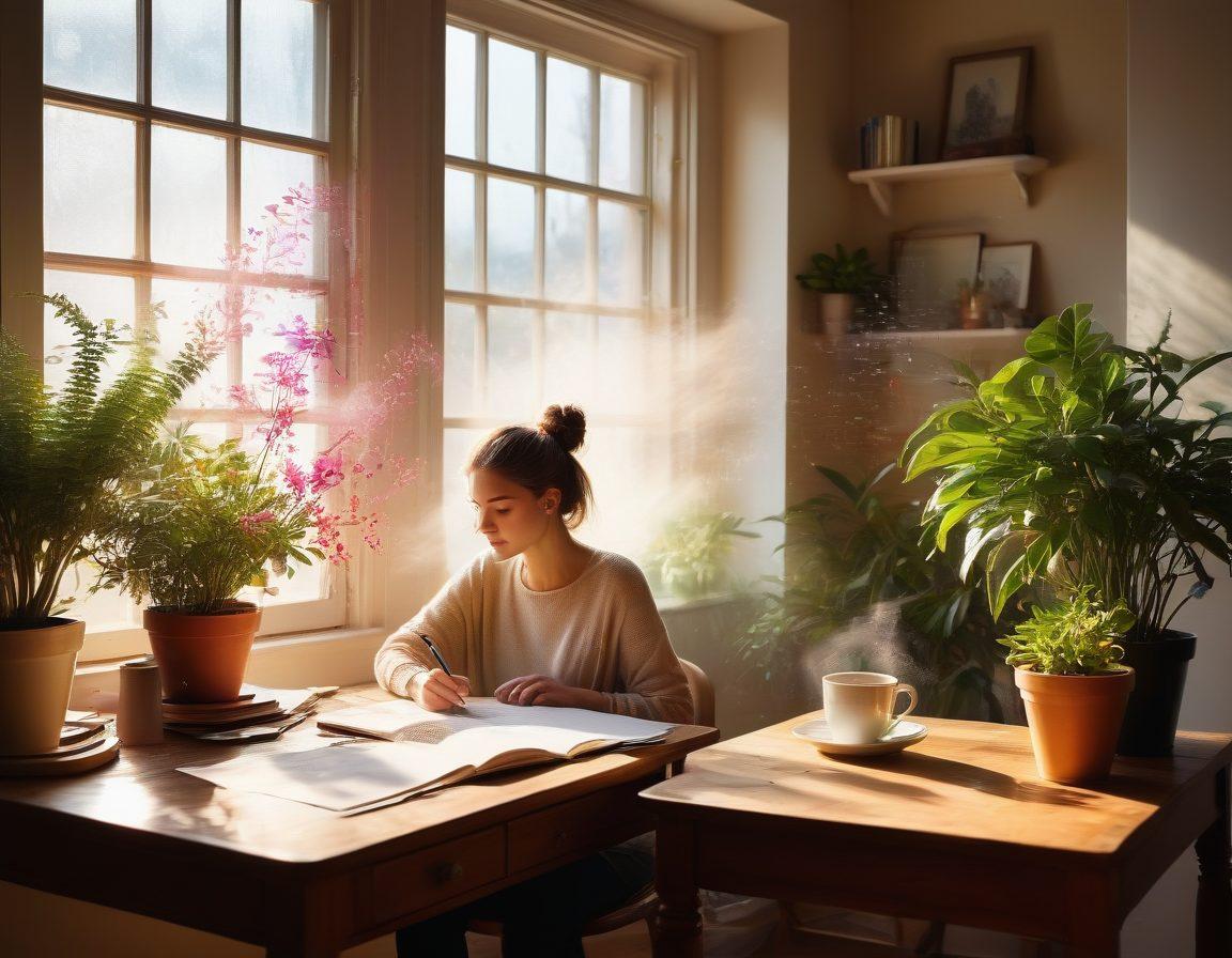 A dreamy workspace featuring a person sitting at a desk, surrounded by a swirl of colorful thoughts represented as playful, vibrant wisps of text and images, flowing from their mind onto the screen. Warm sunlight filters through a window, casting soft shadows, while a coffee mug and potted plant add a cozy touch. The atmosphere is inviting and creative, representing the journey of transforming thoughts into words. painting. vibrant colors. cozy ambiance.