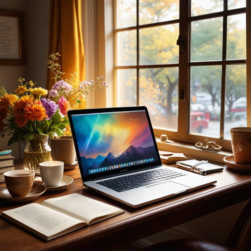 A serene workspace featuring a glowing laptop, open and displaying a digital journal filled with colorful writings. Surround the scene with soft, inspirational quotes floating in the air, and a steaming cup of tea beside it. Include gentle sunlight streaming through a window, casting warm tones over the desk. The overall mood should evoke peace and creativity. super-realistic. vibrant colors.