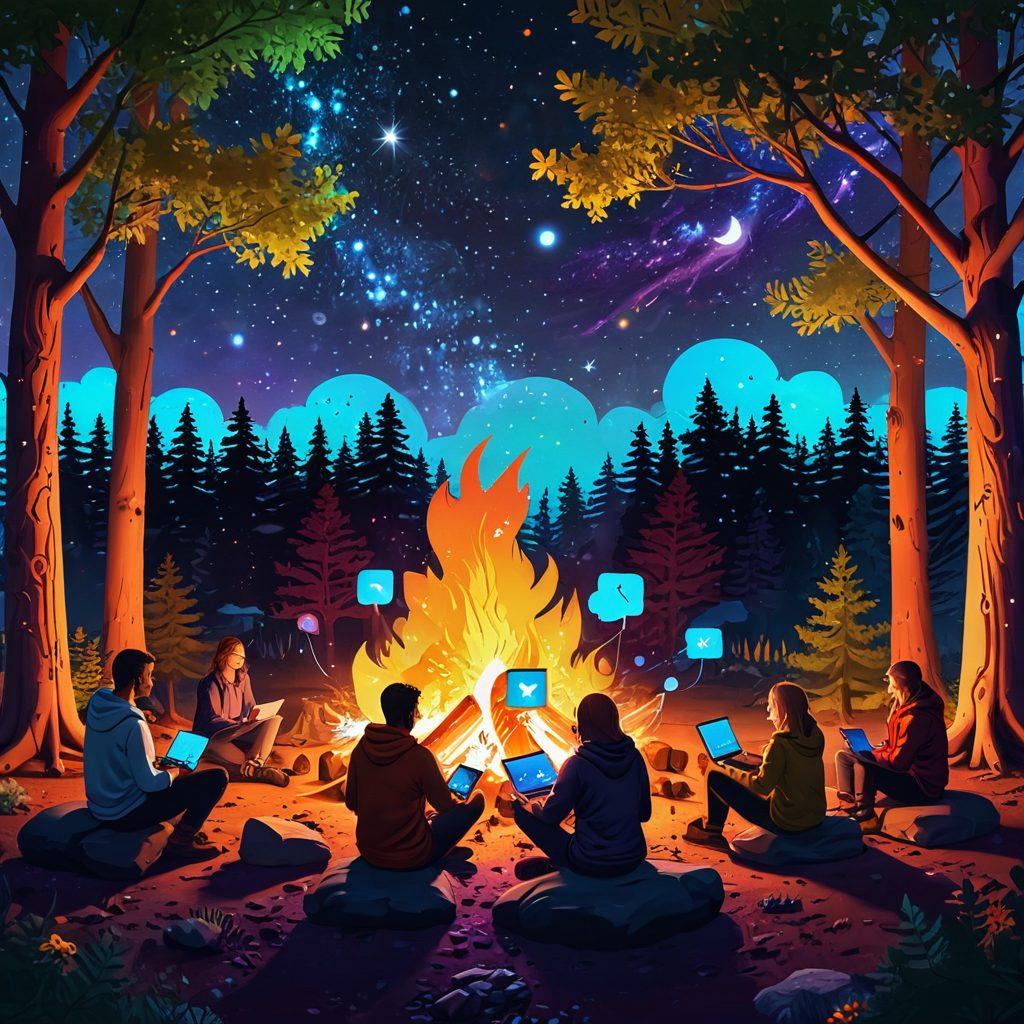 An inviting virtual scene showcasing a diverse group of people gathered around a glowing digital campfire, sharing stories and ideas through laptops and tablets. Brightly colored text bubbles filled with engaging content float around, symbolizing communication and connection. Elements of nature like trees and stars are incorporated to give a warm, community feel. Include an overlay of interconnected nodes representing a network community. vibrant colors. digital art. 3D.
